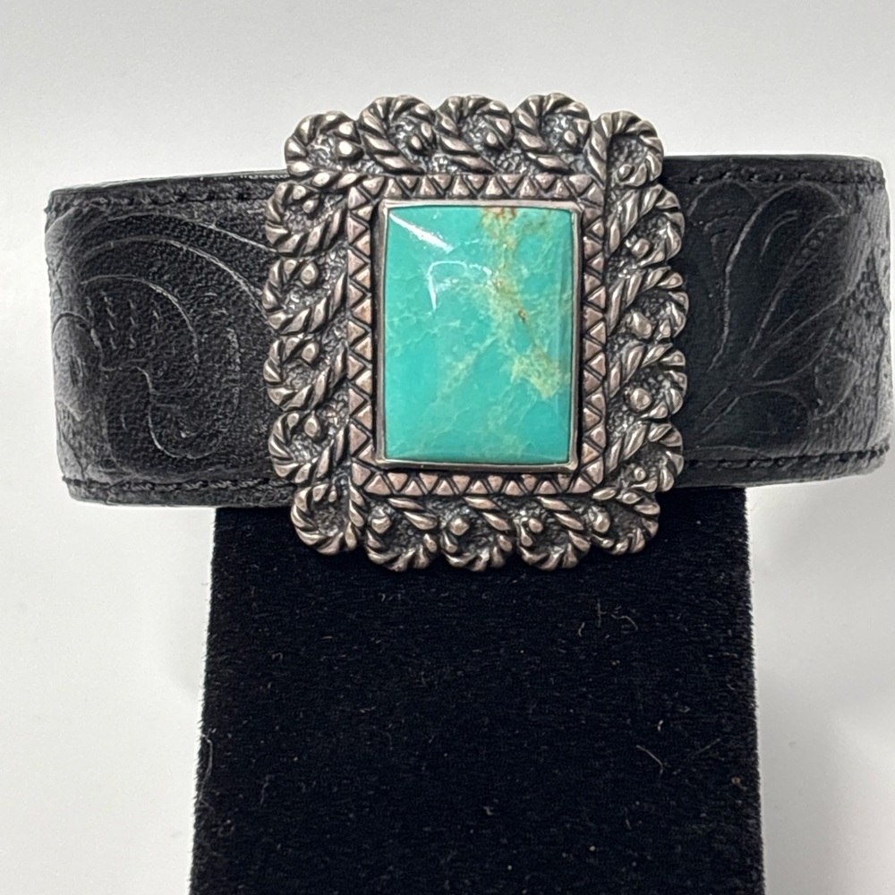 Roderick Tenorio signed Black Leather Cuff Bracelet with Turquoise Stone